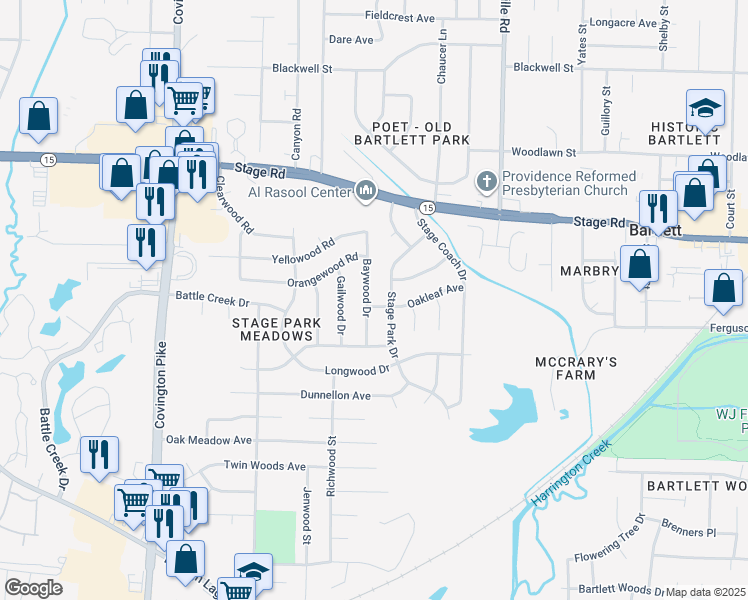 map of restaurants, bars, coffee shops, grocery stores, and more near 2806 Baywood Drive in Memphis