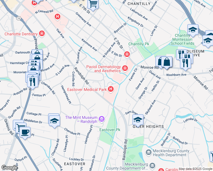 map of restaurants, bars, coffee shops, grocery stores, and more near 221 Crownsgate Court in Charlotte