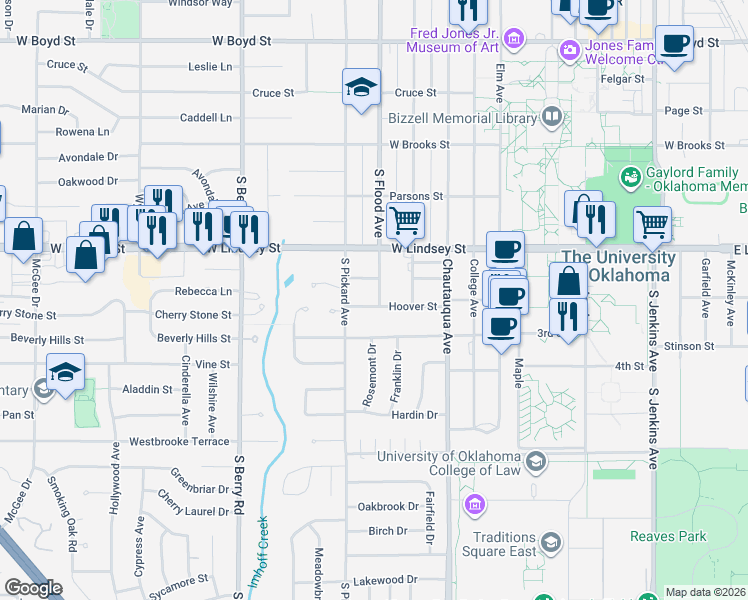 map of restaurants, bars, coffee shops, grocery stores, and more near 1102 S Flood Ave in Norman