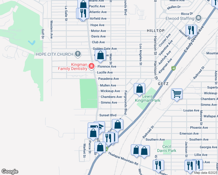 map of restaurants, bars, coffee shops, grocery stores, and more near 1511 Main Street in Kingman