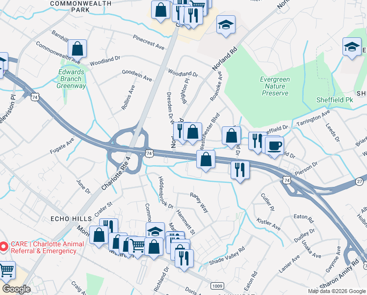 map of restaurants, bars, coffee shops, grocery stores, and more near 3619 E Independence Blvd in Charlotte