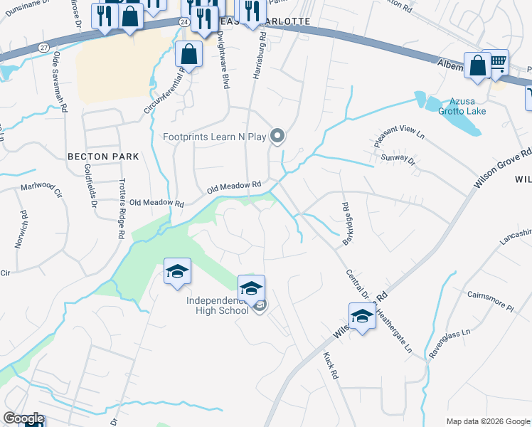 map of restaurants, bars, coffee shops, grocery stores, and more near 6140 Loch Arbor Lane in Mint Hill