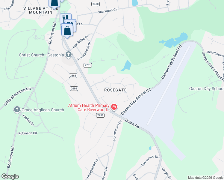 map of restaurants, bars, coffee shops, grocery stores, and more near 708 Climbing Rose Court in Gastonia