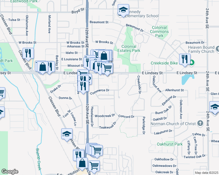 map of restaurants, bars, coffee shops, grocery stores, and more near 1317 Commerce Drive in Norman