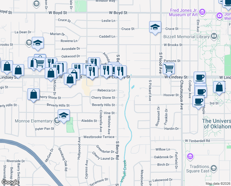 map of restaurants, bars, coffee shops, grocery stores, and more near 1312 South Berry Road in Norman