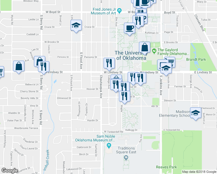 map of restaurants, bars, coffee shops, grocery stores, and more near 601 Hoover Street in Norman