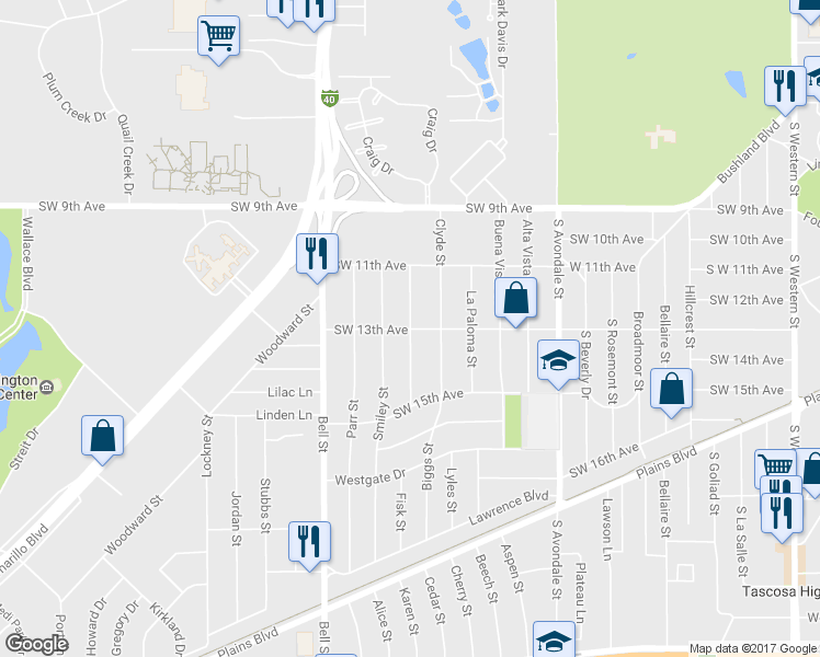 map of restaurants, bars, coffee shops, grocery stores, and more near 1298 Callahan Street in Amarillo