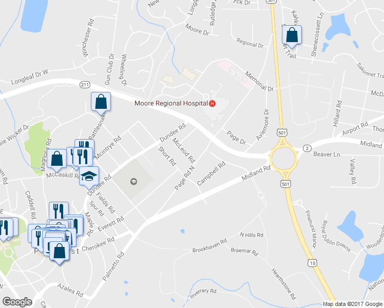 map of restaurants, bars, coffee shops, grocery stores, and more near 10 McLeod Road in Pinehurst