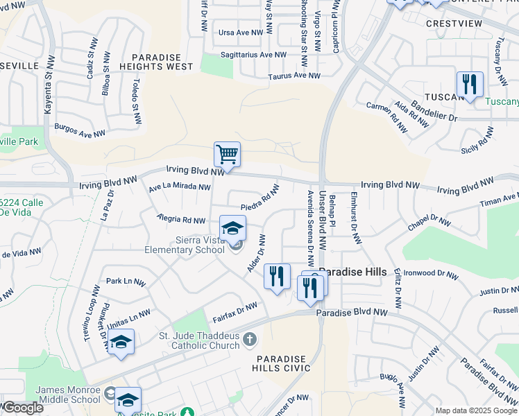 map of restaurants, bars, coffee shops, grocery stores, and more near 5732 Piedra Road Northwest in Albuquerque