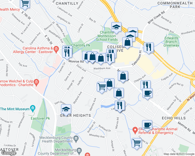 map of restaurants, bars, coffee shops, grocery stores, and more near 3126 Dunn Avenue in Charlotte