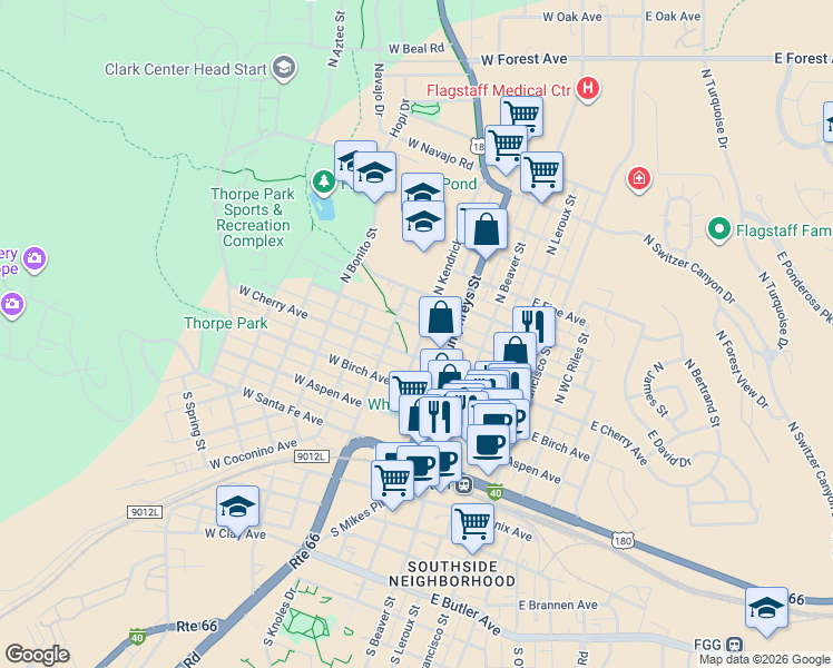 map of restaurants, bars, coffee shops, grocery stores, and more near 323 North Kendrick Street in Flagstaff