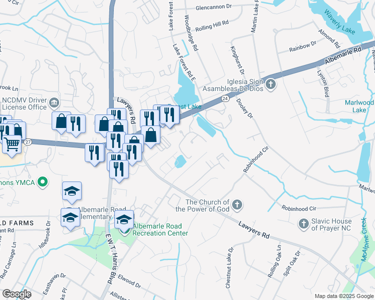 map of restaurants, bars, coffee shops, grocery stores, and more near 7148 Winery Ln in Charlotte