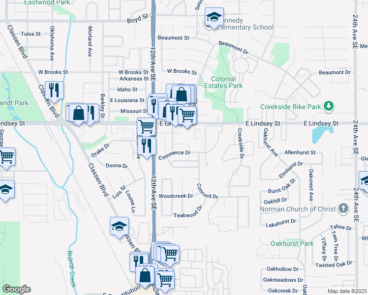 map of restaurants, bars, coffee shops, grocery stores, and more near 1317 Commerce Drive in Norman