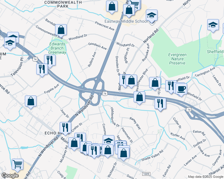 map of restaurants, bars, coffee shops, grocery stores, and more near 3501 Andrew Jackson Highway in Charlotte