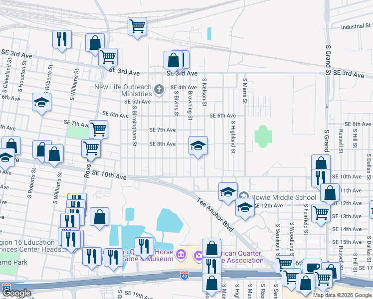 map of restaurants, bars, coffee shops, grocery stores, and more near 807 South Bivins Street in Amarillo