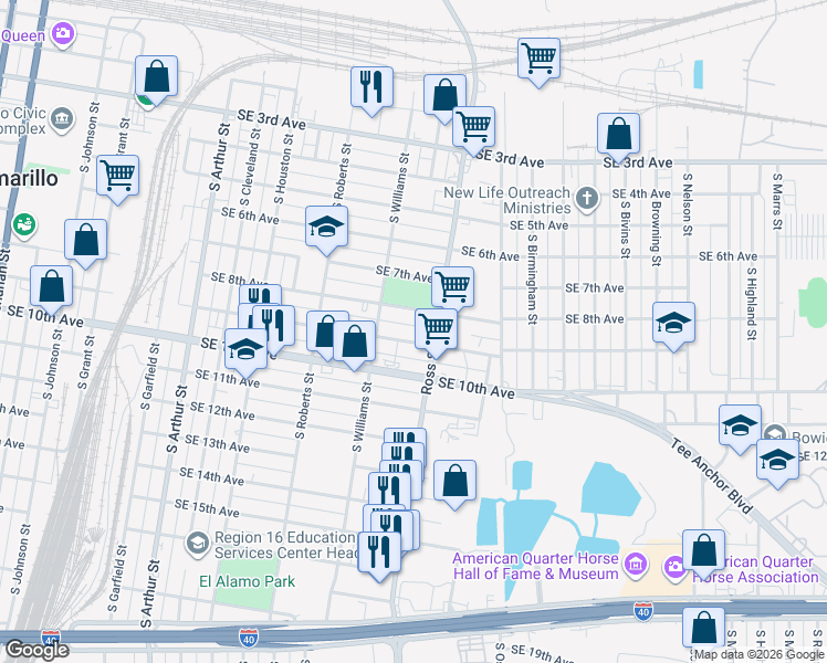 map of restaurants, bars, coffee shops, grocery stores, and more near 1721 Southeast 9th Avenue in Amarillo