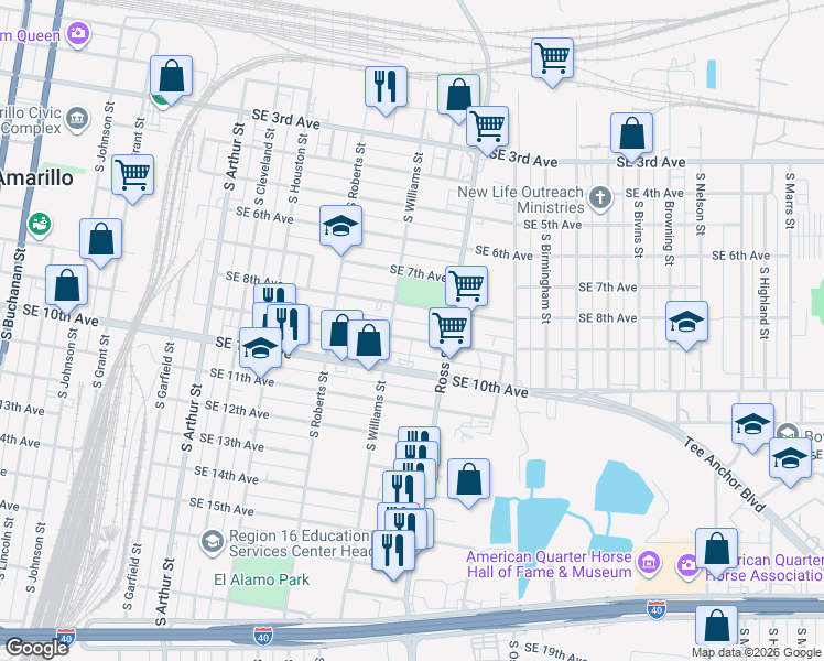 map of restaurants, bars, coffee shops, grocery stores, and more near 1721 Southeast 9th Avenue in Amarillo