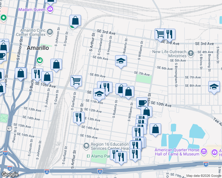 map of restaurants, bars, coffee shops, grocery stores, and more near 1312 Southeast 9th Avenue in Amarillo