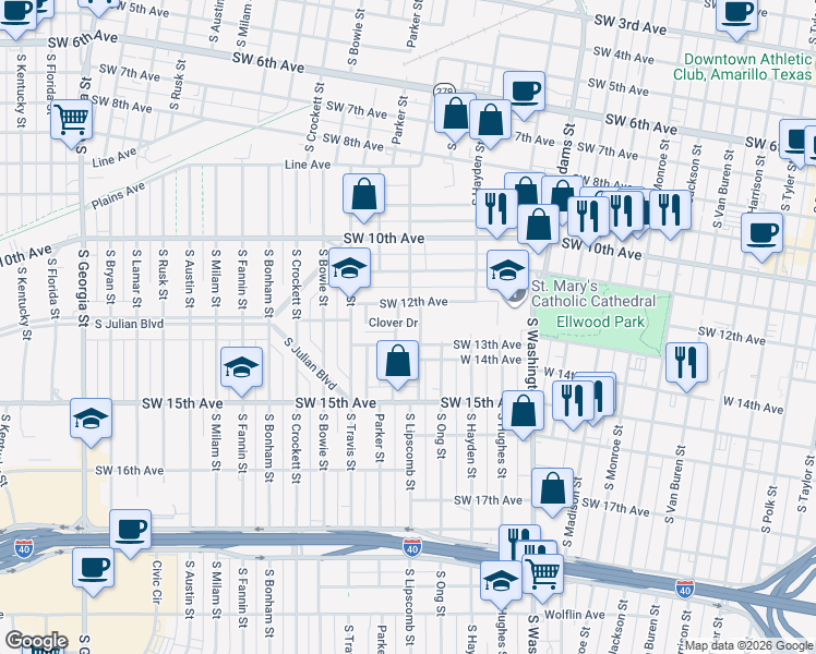 map of restaurants, bars, coffee shops, grocery stores, and more near 1210 South Lipscomb Street in Amarillo