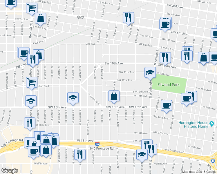 map of restaurants, bars, coffee shops, grocery stores, and more near 1505 Clover Drive in Amarillo