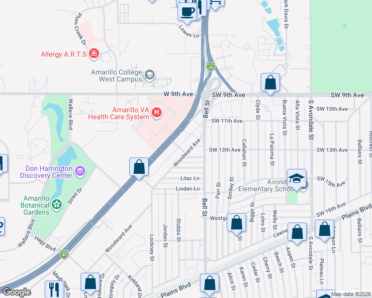 map of restaurants, bars, coffee shops, grocery stores, and more near 6010 Woodward Street in Amarillo