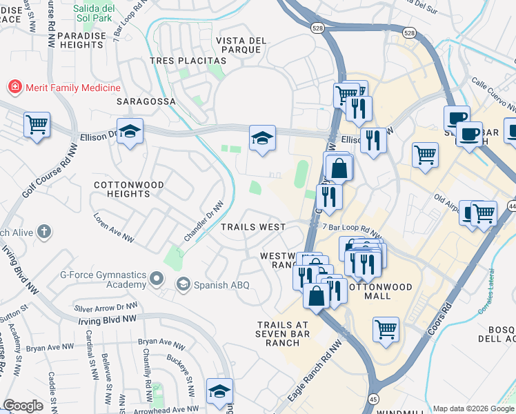 map of restaurants, bars, coffee shops, grocery stores, and more near 3901 Suntrail Road Northwest in Albuquerque
