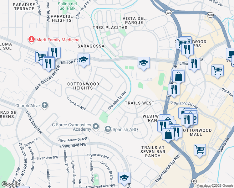 map of restaurants, bars, coffee shops, grocery stores, and more near 10427 Chandler Drive in Albuquerque