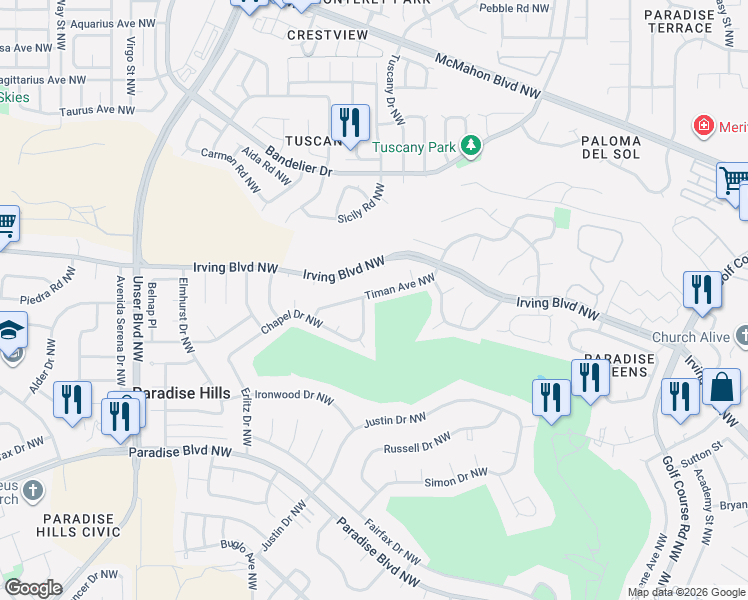 map of restaurants, bars, coffee shops, grocery stores, and more near 5200 Timan Avenue Northwest in Albuquerque