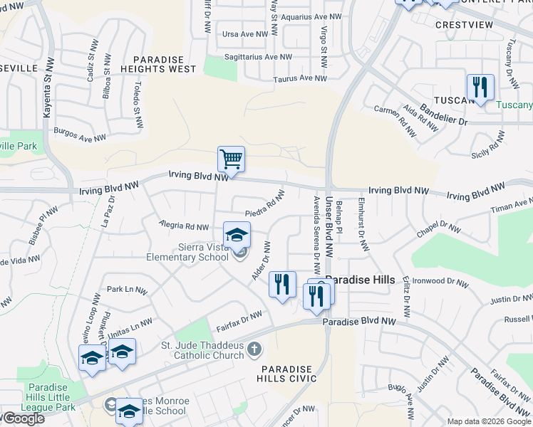 map of restaurants, bars, coffee shops, grocery stores, and more near 5732 Piedra Road Northwest in Albuquerque