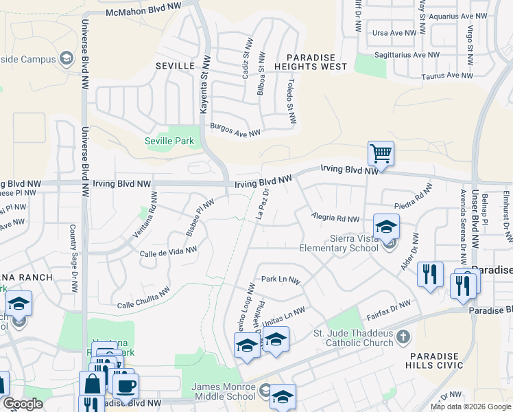 map of restaurants, bars, coffee shops, grocery stores, and more near 10409 La Paz Drive in Albuquerque