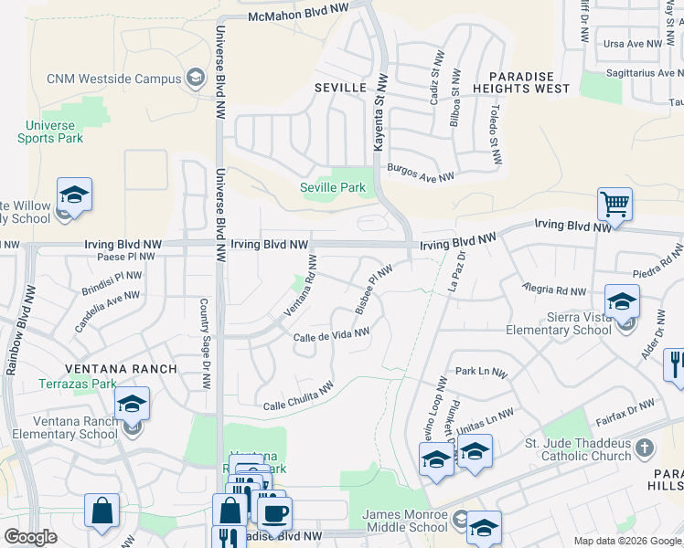map of restaurants, bars, coffee shops, grocery stores, and more near 6305 Scottsdale Avenue Northwest in Albuquerque