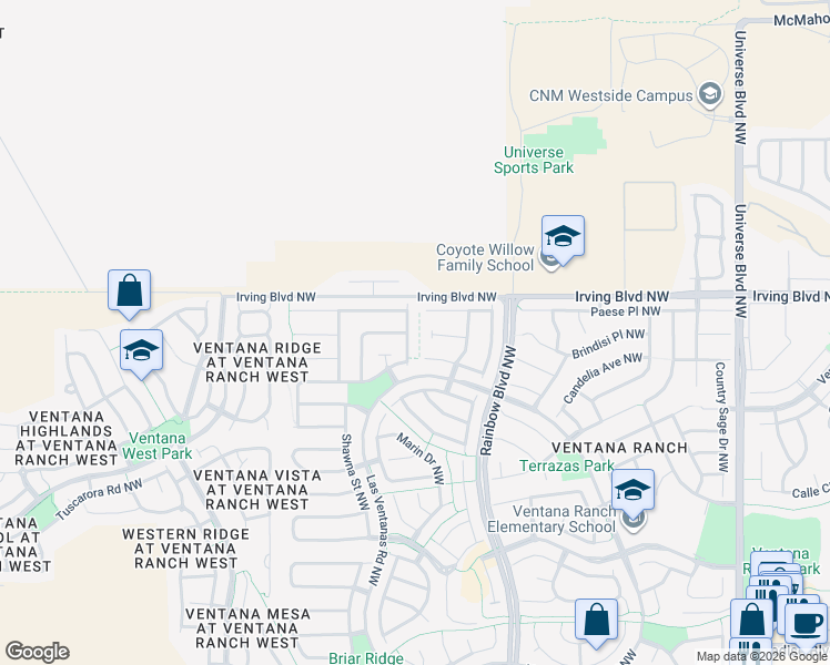 map of restaurants, bars, coffee shops, grocery stores, and more near 99999 Cedar Waxwing Place Northwest in Albuquerque
