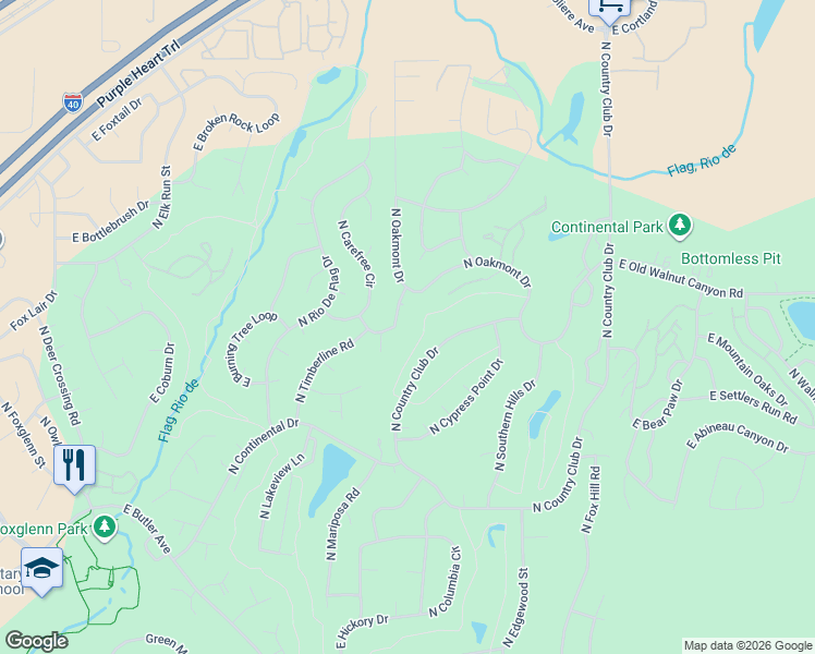 map of restaurants, bars, coffee shops, grocery stores, and more near 6000 North Country Club Drive in Flagstaff