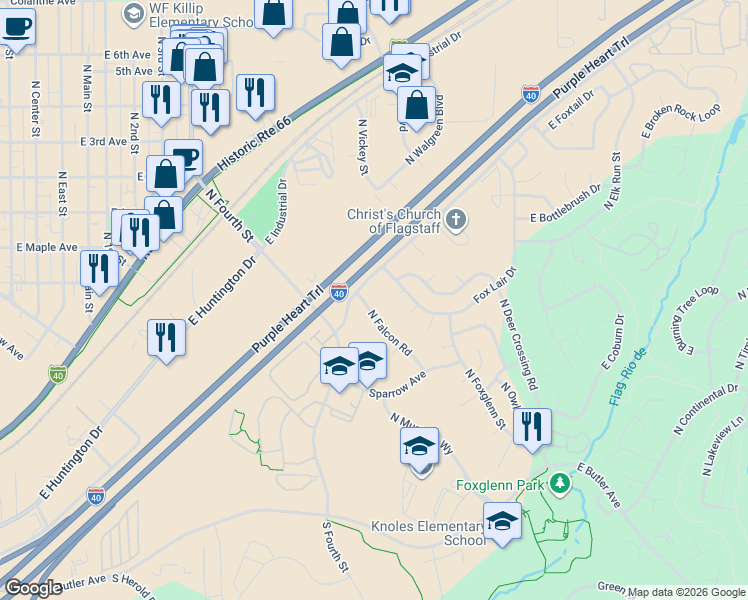 map of restaurants, bars, coffee shops, grocery stores, and more near 1771 North Falcon Road in Flagstaff