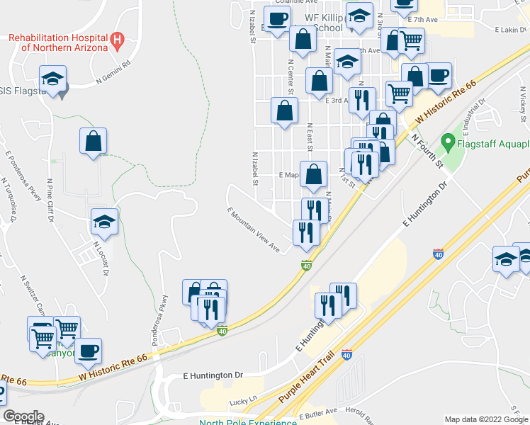 map of restaurants, bars, coffee shops, grocery stores, and more near 1806 East Arrowhead Avenue in Flagstaff