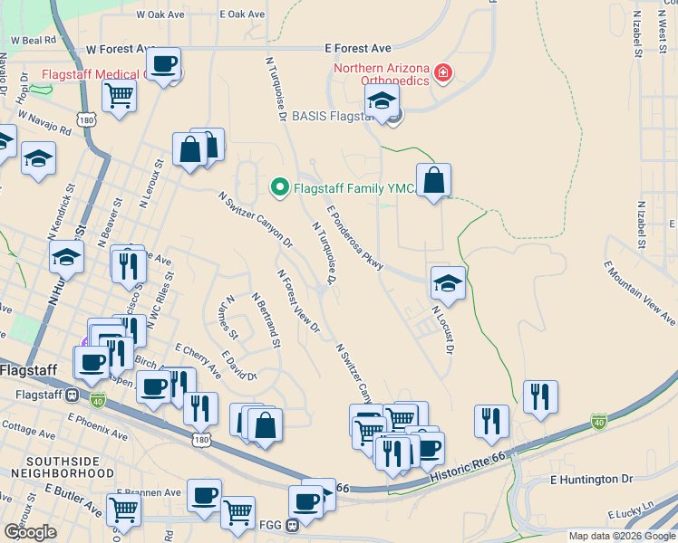 map of restaurants, bars, coffee shops, grocery stores, and more near 800 North Turquoise Drive in Flagstaff