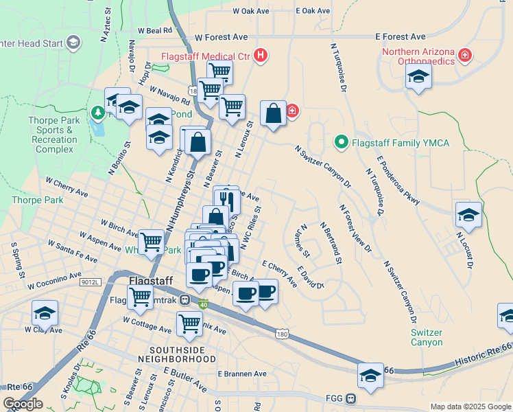 map of restaurants, bars, coffee shops, grocery stores, and more near 507 North Agassiz Street in Flagstaff