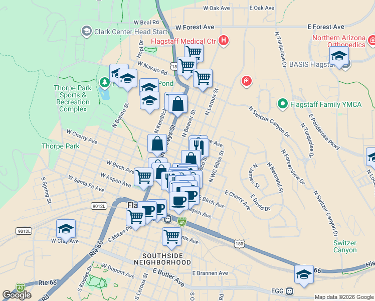 map of restaurants, bars, coffee shops, grocery stores, and more near 414 North Beaver Street in Flagstaff