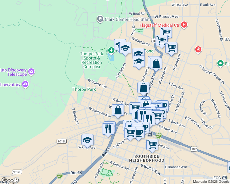 map of restaurants, bars, coffee shops, grocery stores, and more near 515 West Cherry Avenue in Flagstaff