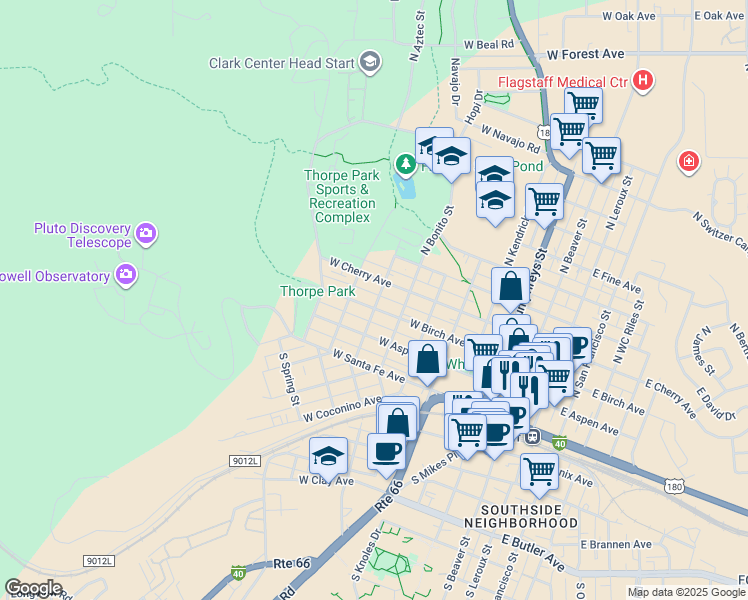 map of restaurants, bars, coffee shops, grocery stores, and more near 620 West Birch Avenue in Flagstaff