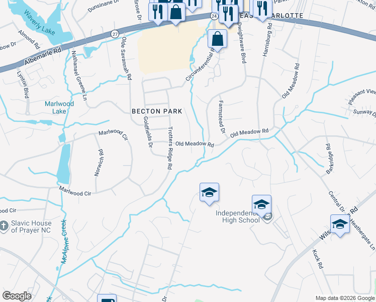 map of restaurants, bars, coffee shops, grocery stores, and more near 6209 Springbeauty Drive in Charlotte