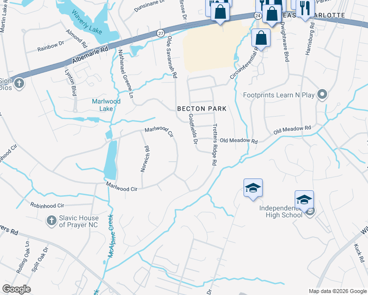 map of restaurants, bars, coffee shops, grocery stores, and more near 1623 Marlwood Circle in Charlotte