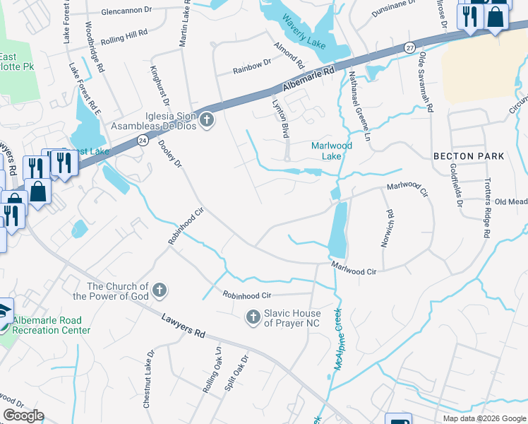 map of restaurants, bars, coffee shops, grocery stores, and more near 5401 Mallard Drive South in Charlotte