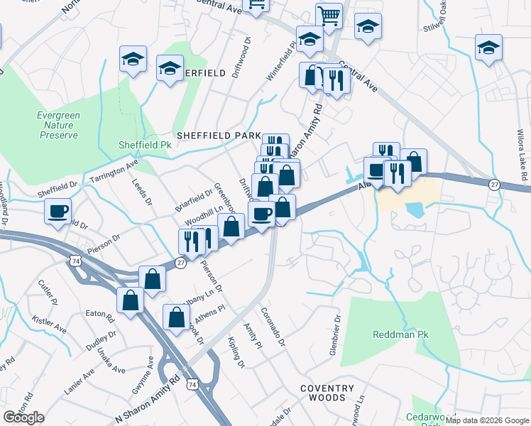 map of restaurants, bars, coffee shops, grocery stores, and more near 3115 North Sharon Amity Road in Charlotte