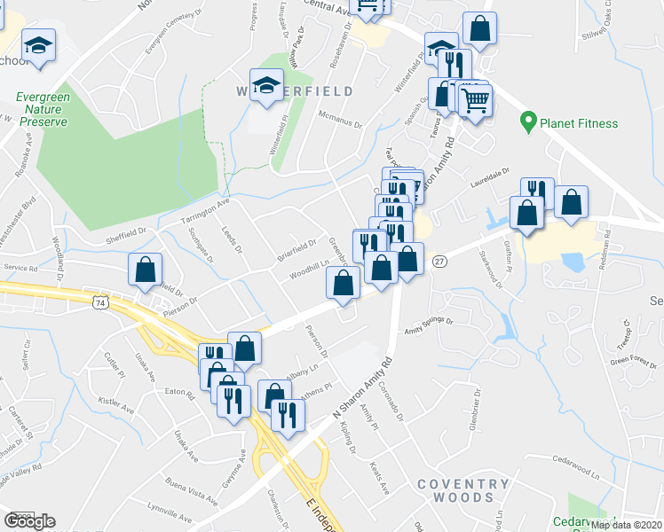 map of restaurants, bars, coffee shops, grocery stores, and more near 1500 Woodhill Lane in Charlotte
