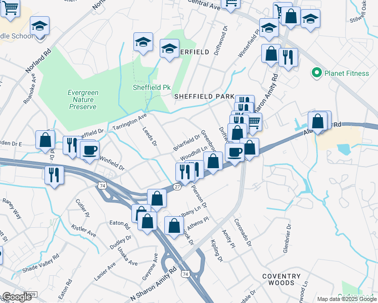map of restaurants, bars, coffee shops, grocery stores, and more near 1413 Woodhill Lane in Charlotte