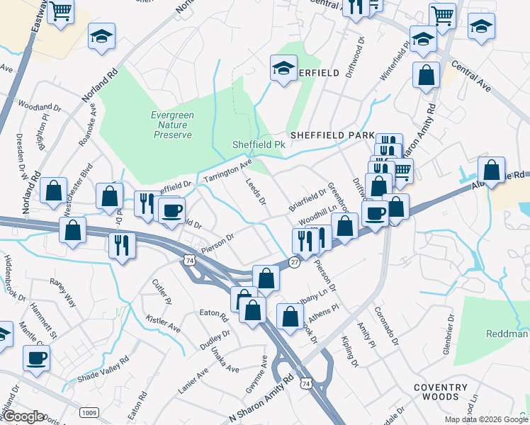 map of restaurants, bars, coffee shops, grocery stores, and more near 1211 Pierson Drive in Charlotte