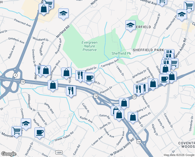 map of restaurants, bars, coffee shops, grocery stores, and more near 4017 Winfield Drive in Charlotte