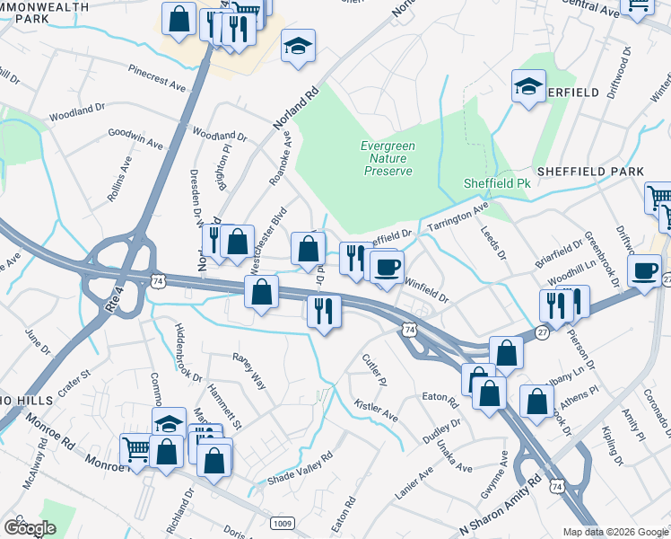 map of restaurants, bars, coffee shops, grocery stores, and more near 3808 Winfield Drive in Charlotte