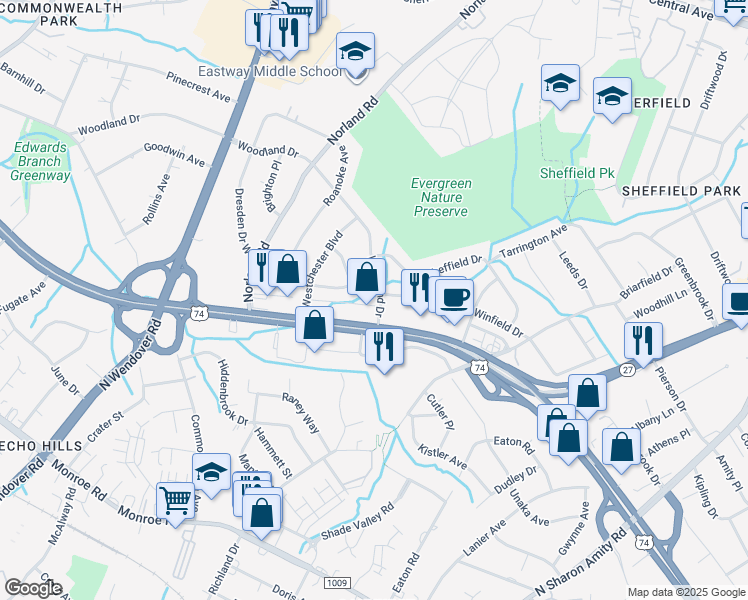 map of restaurants, bars, coffee shops, grocery stores, and more near 3808 Winfield Drive in Charlotte
